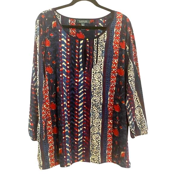 Lauren Ralph Lauren 3X Boho Print Peasant Tunic Popover Top 100% Cotton - Picture 1 of 7